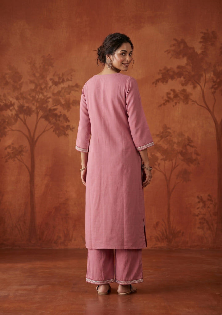 Onion Pink Threadwork Art Silk Readymade Salwar Suit
