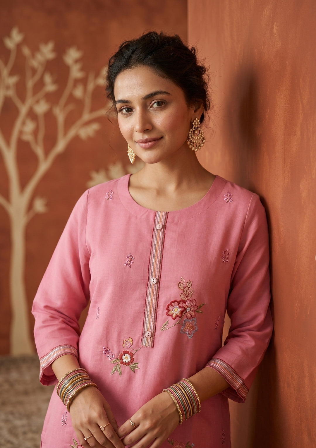 Onion Pink Threadwork Art Silk Readymade Salwar Suit