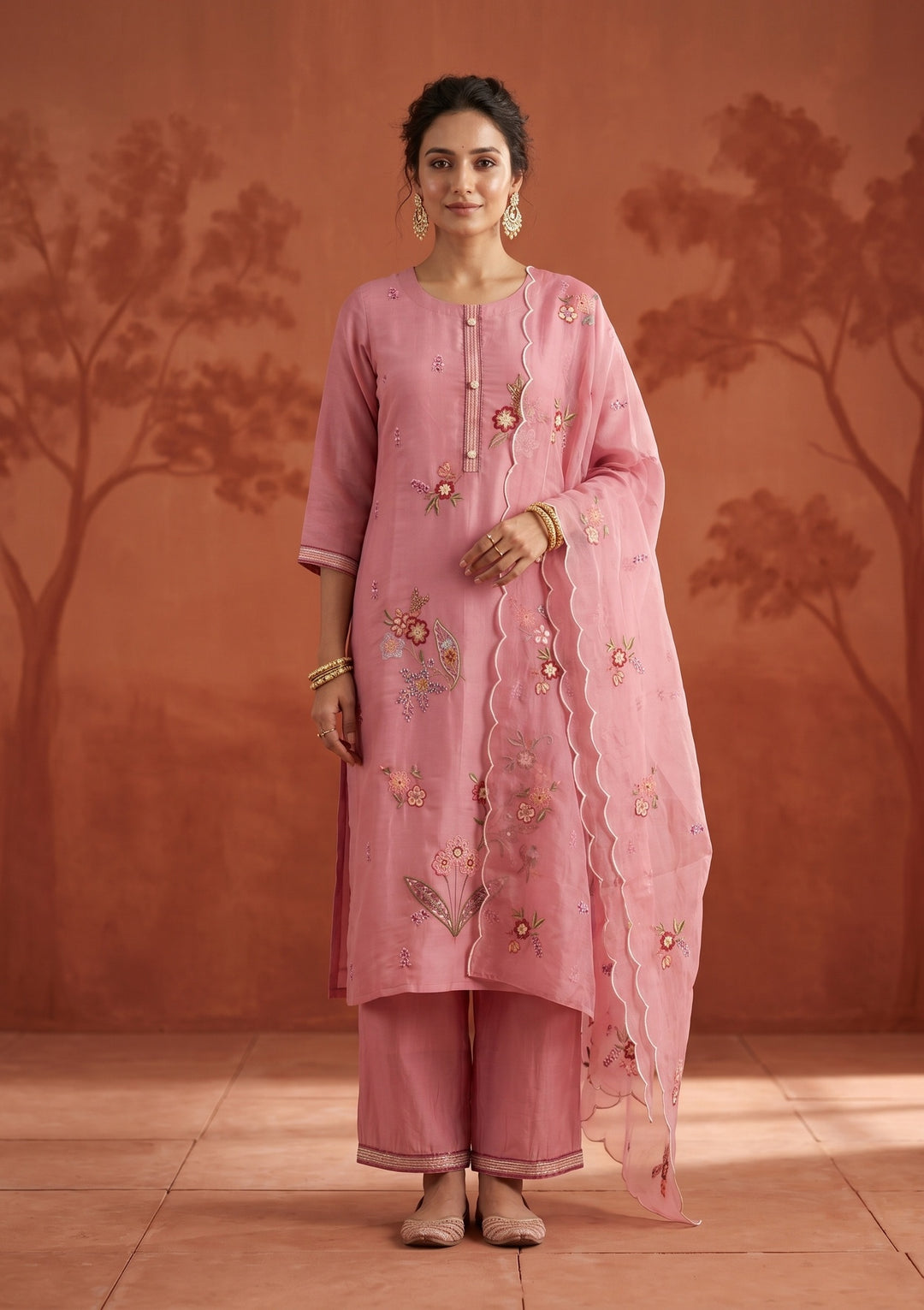 Onion Pink Threadwork Art Silk Readymade Salwar Suit