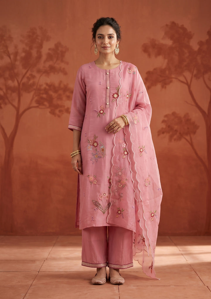 Onion Pink Threadwork Art Silk Readymade Salwar Suit