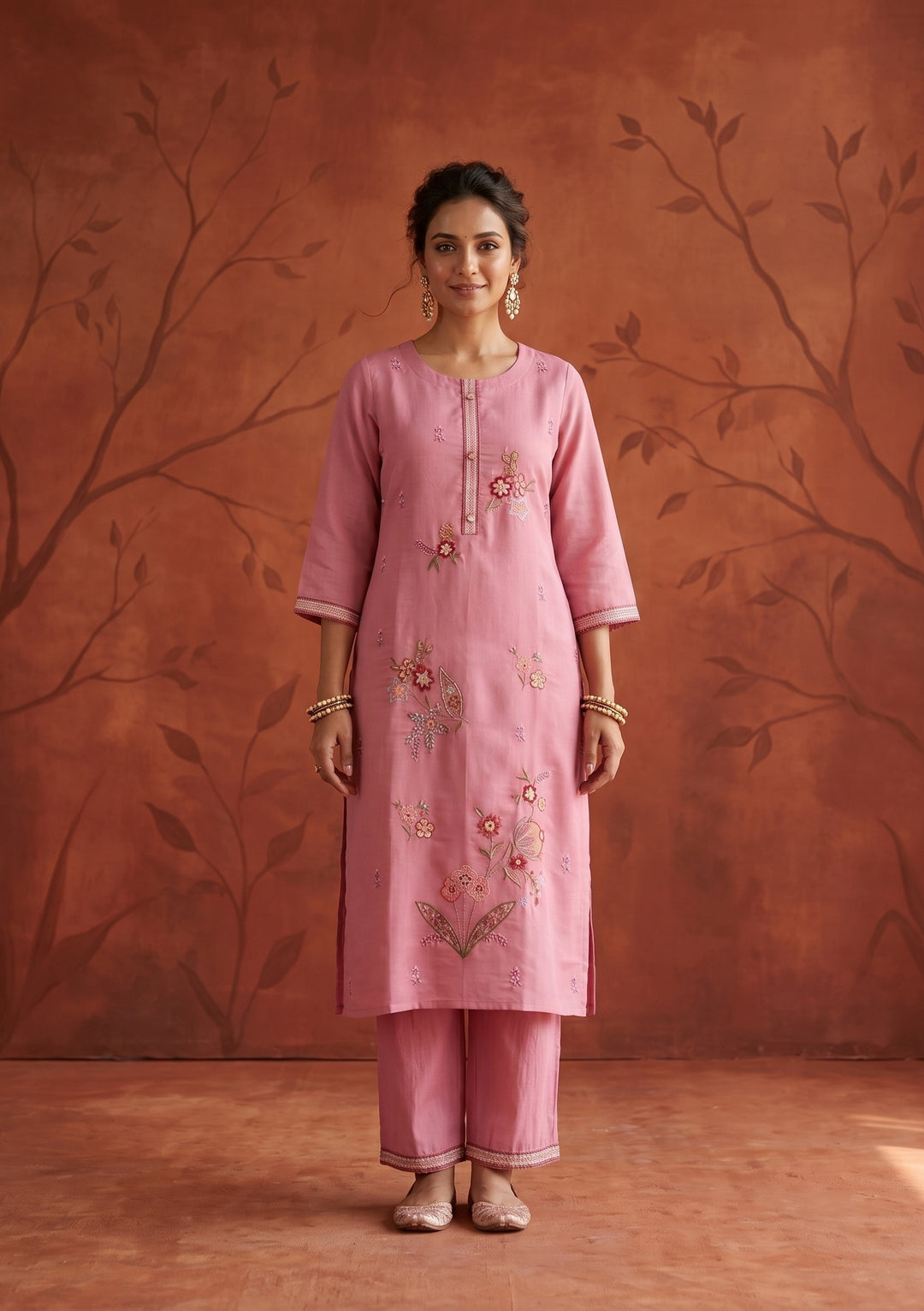 Onion Pink Threadwork Art Silk Readymade Salwar Suit