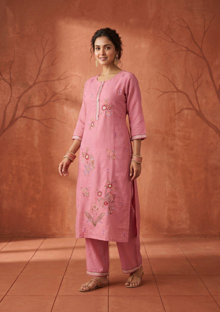 Onion Pink Threadwork Art Silk Readymade Salwar Suit