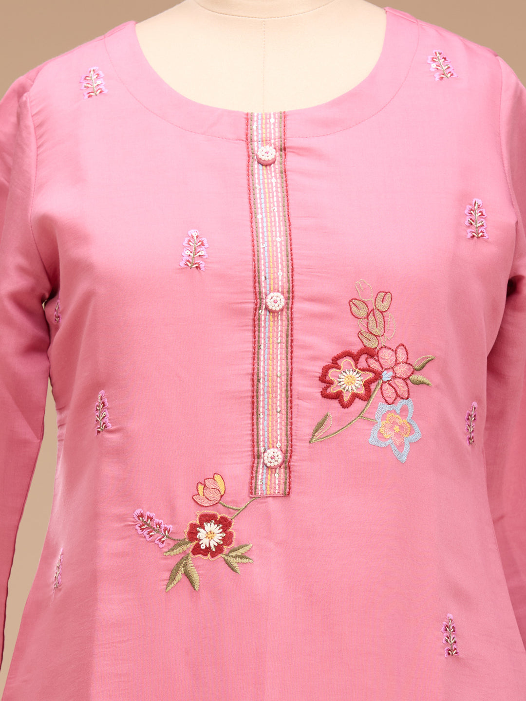 Onion Pink Threadwork Art Silk Readymade Salwar Suit