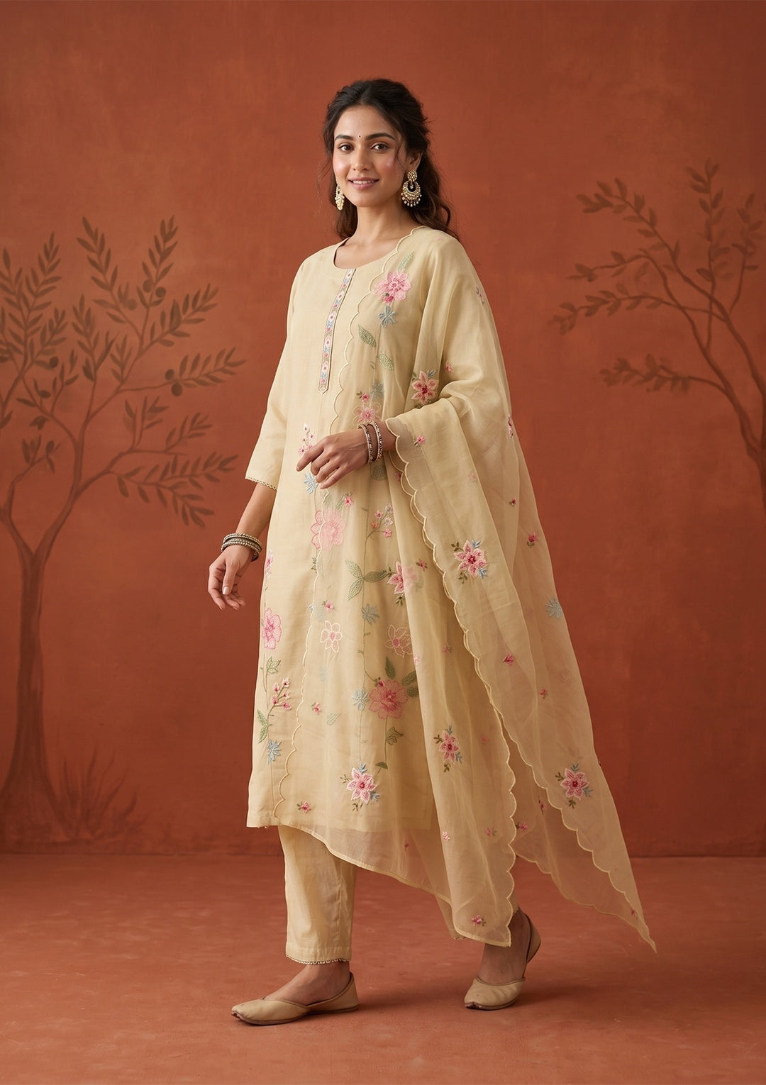 Beige Threadwork Silk Readymade Salwar Suit