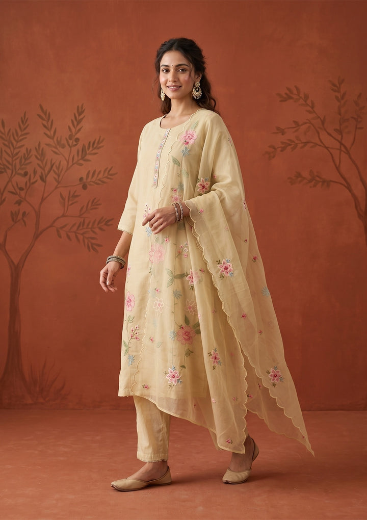 Beige Threadwork Silk Readymade Salwar Suit