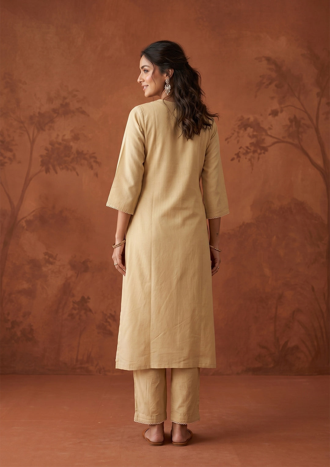 Beige Threadwork Silk Readymade Salwar Suit