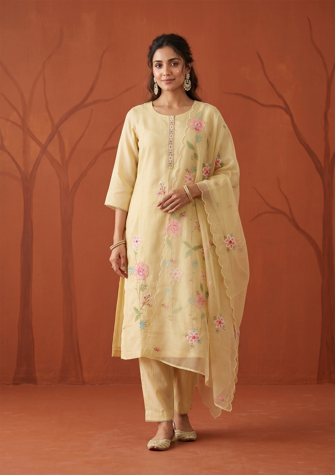 Beige Threadwork Silk Readymade Salwar Suit