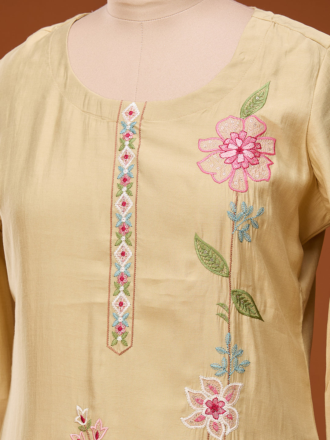 Beige Threadwork Silk Readymade Salwar Suit