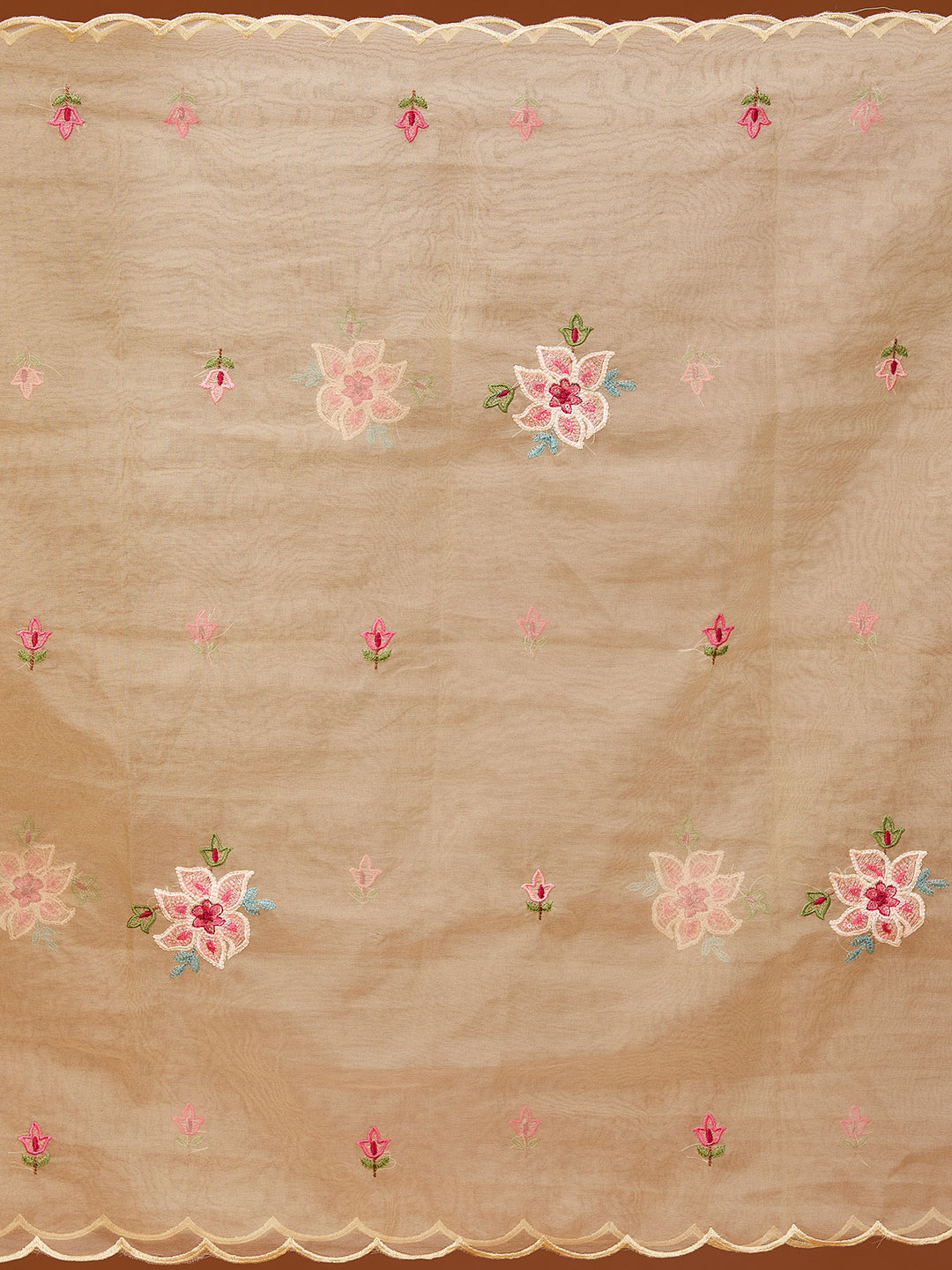 Beige Threadwork Silk Readymade Salwar Suit