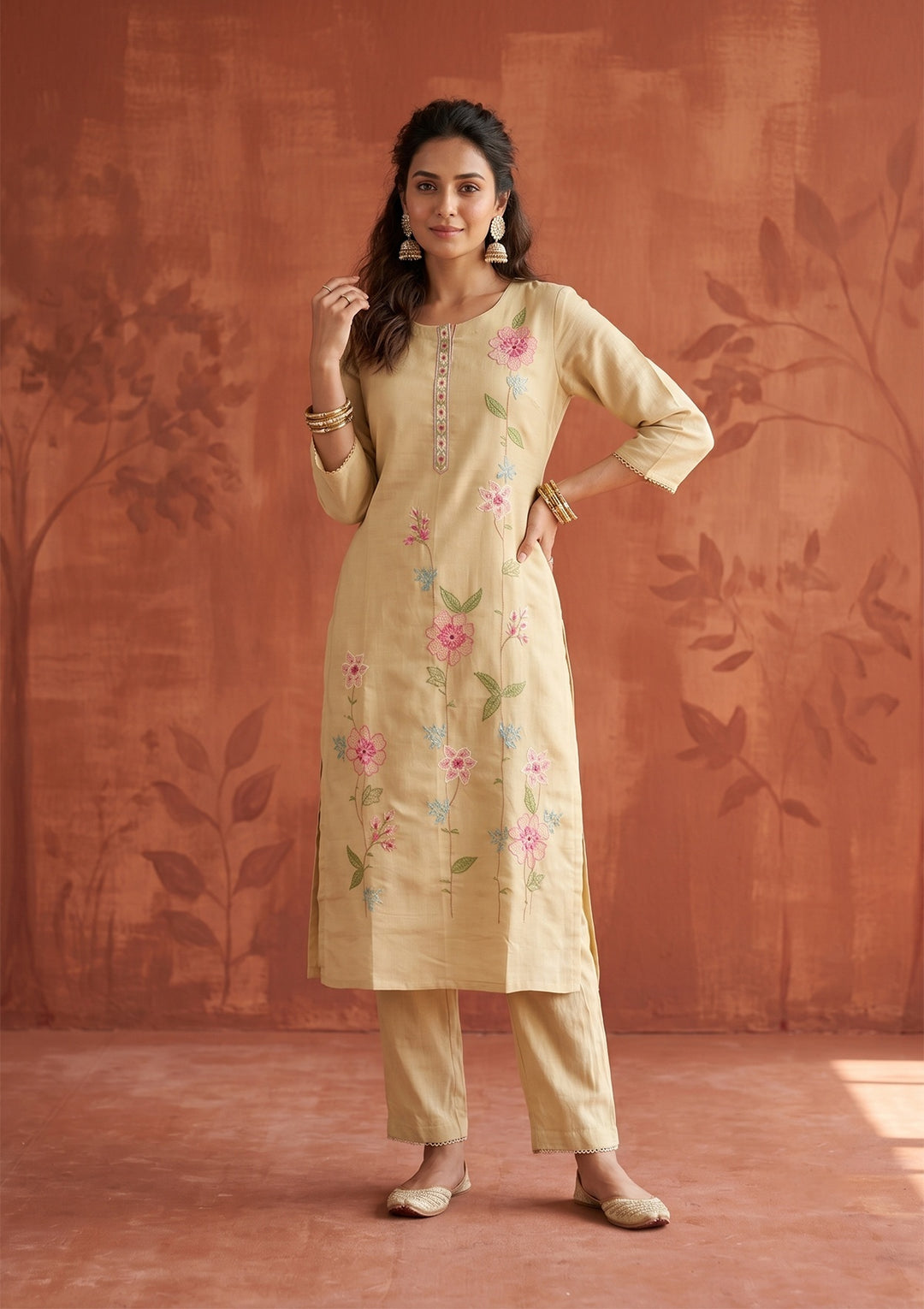 Beige Threadwork Silk Readymade Salwar Suit