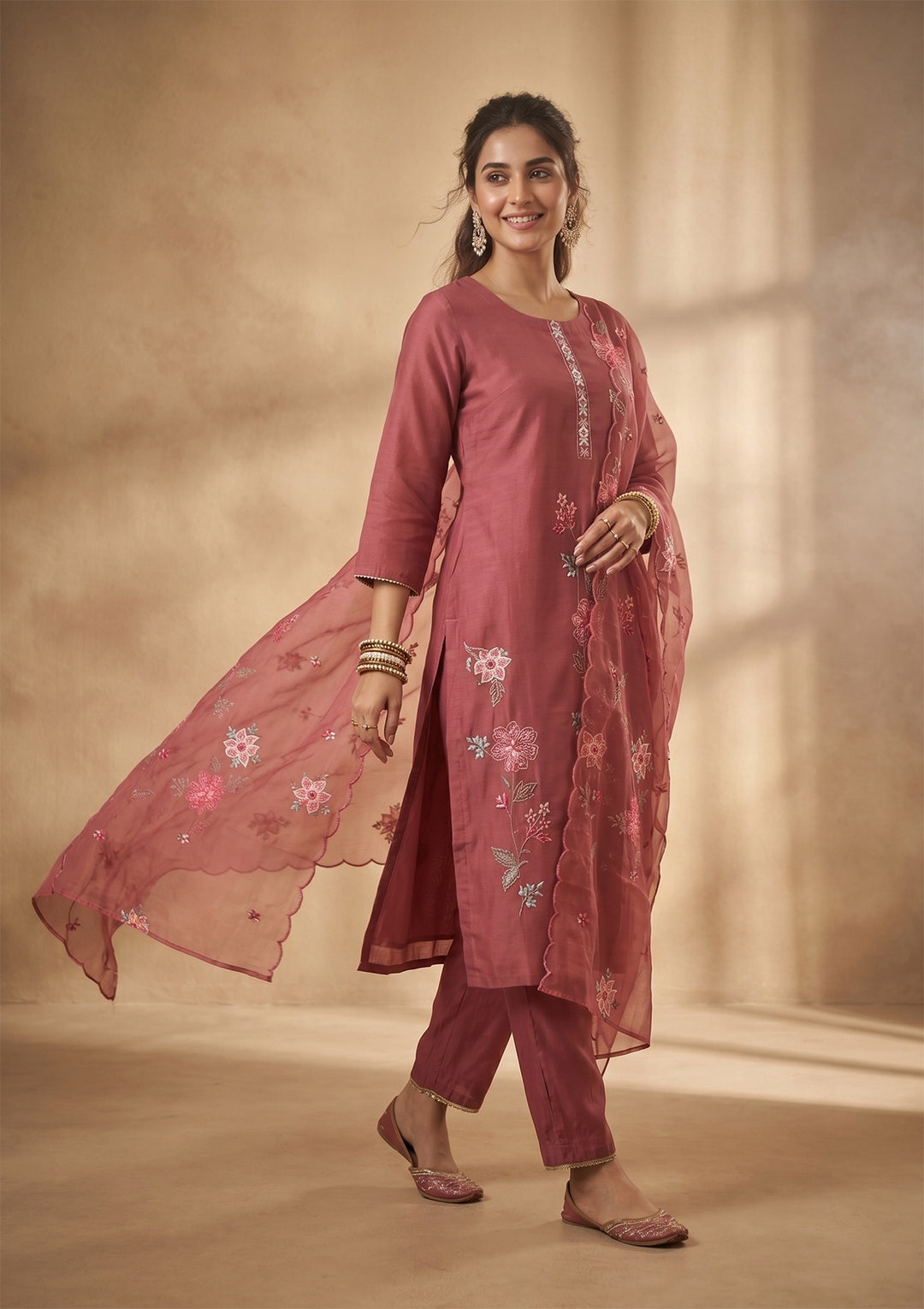 Onion Pink Threadwork Silk Readymade Salwar Suit