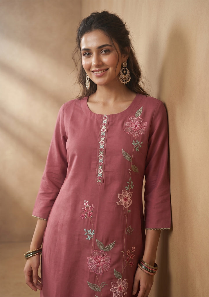 Onion Pink Threadwork Silk Readymade Salwar Suit
