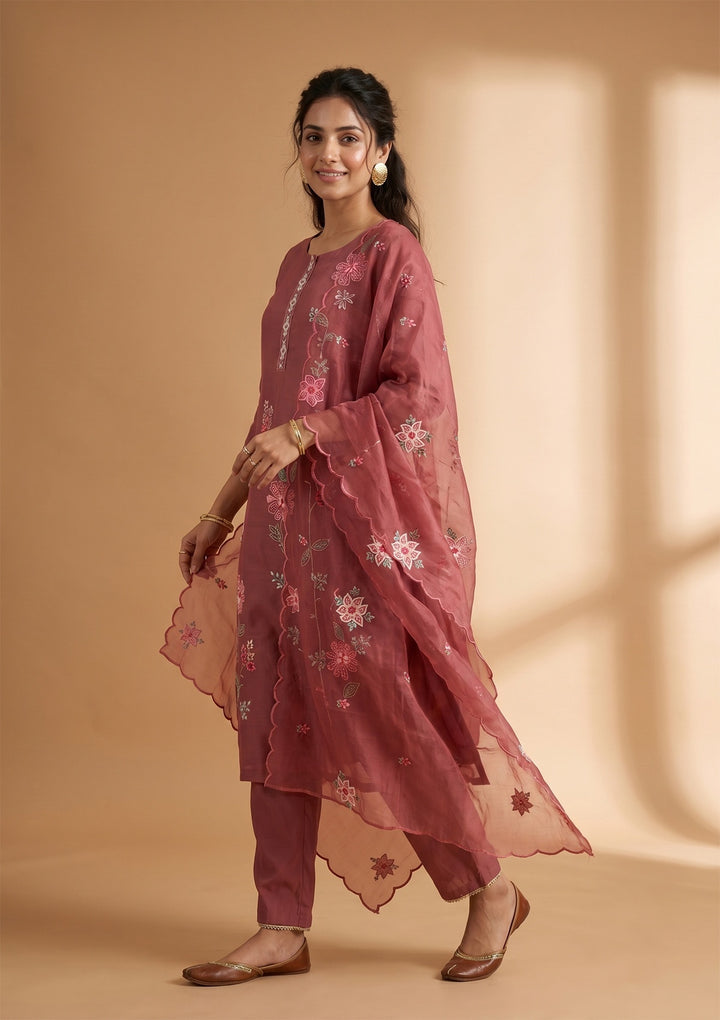 Onion Pink Threadwork Silk Readymade Salwar Suit