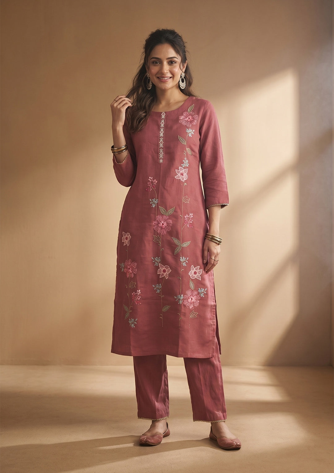 Onion Pink Threadwork Silk Readymade Salwar Suit