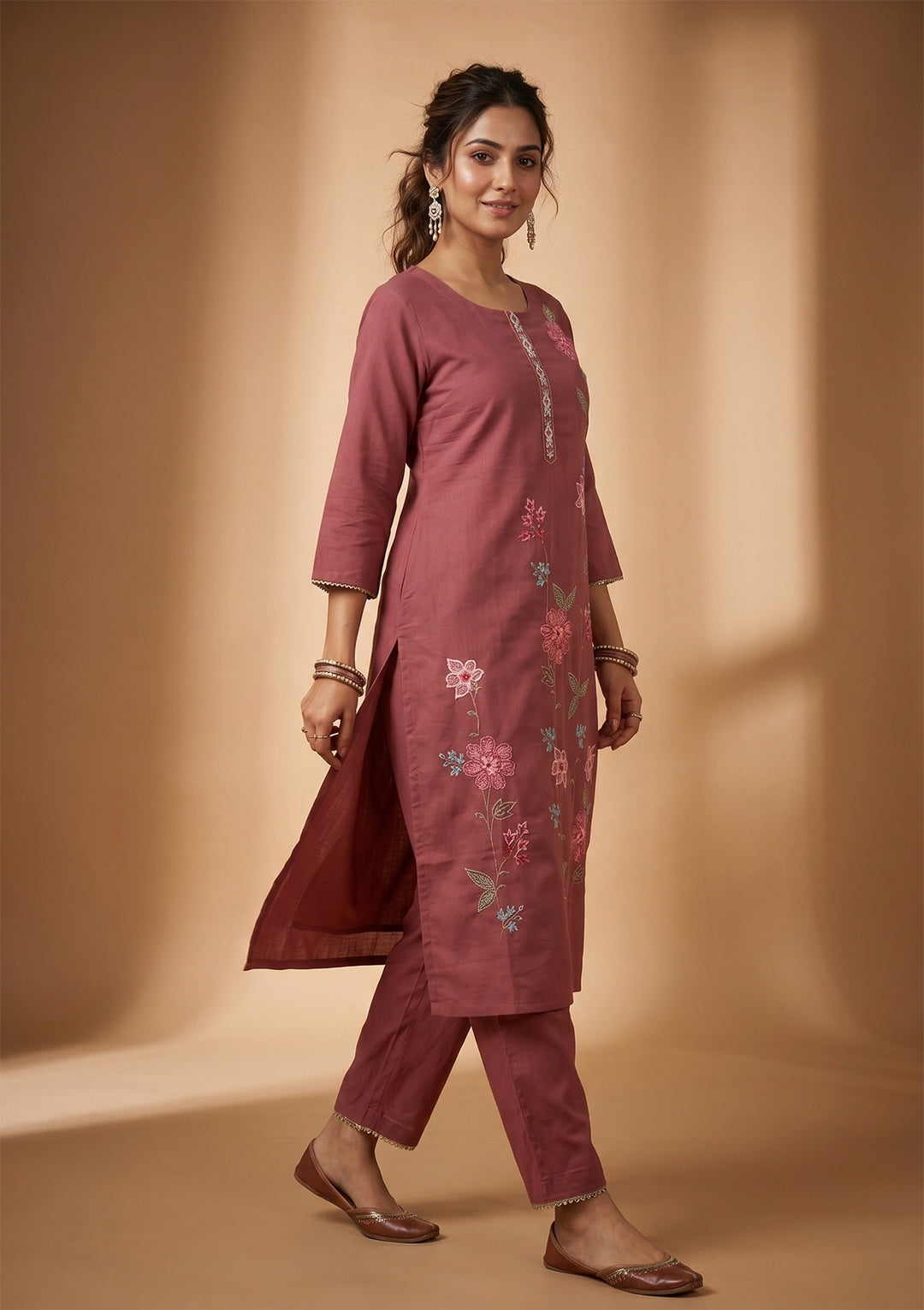 Onion Pink Threadwork Silk Readymade Salwar Suit