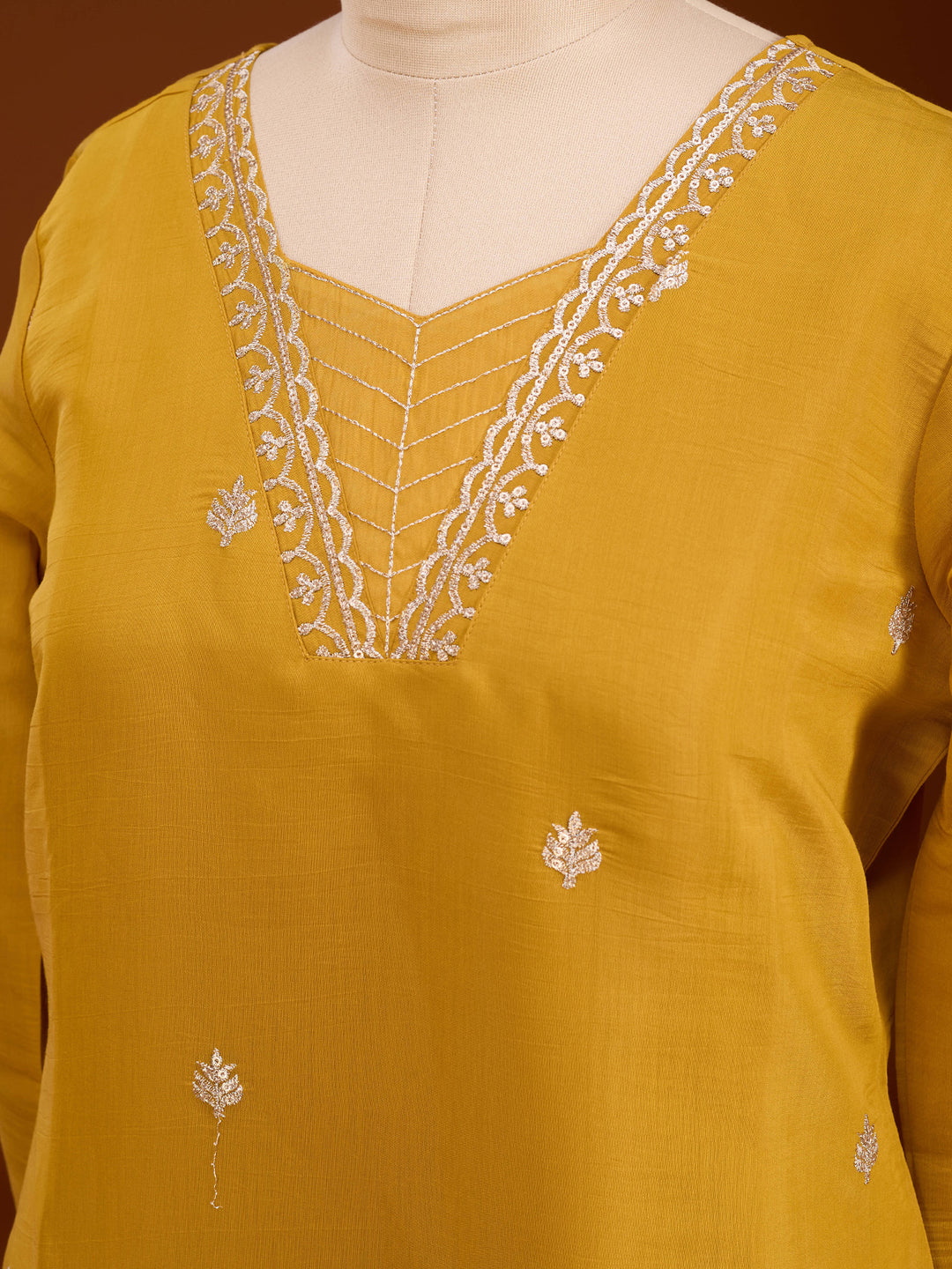 Mustard Chanderi Gold Zariwork Straight Kurta With Pant Regular And Dupatta