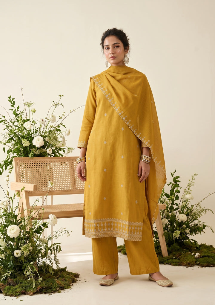 Mustard Chanderi Gold Zariwork Straight Kurta With Pant Regular And Dupatta