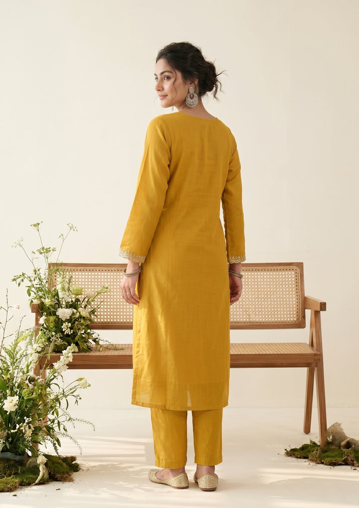 Mustard Chanderi Gold Zariwork Straight Kurta With Pant Regular And Dupatta