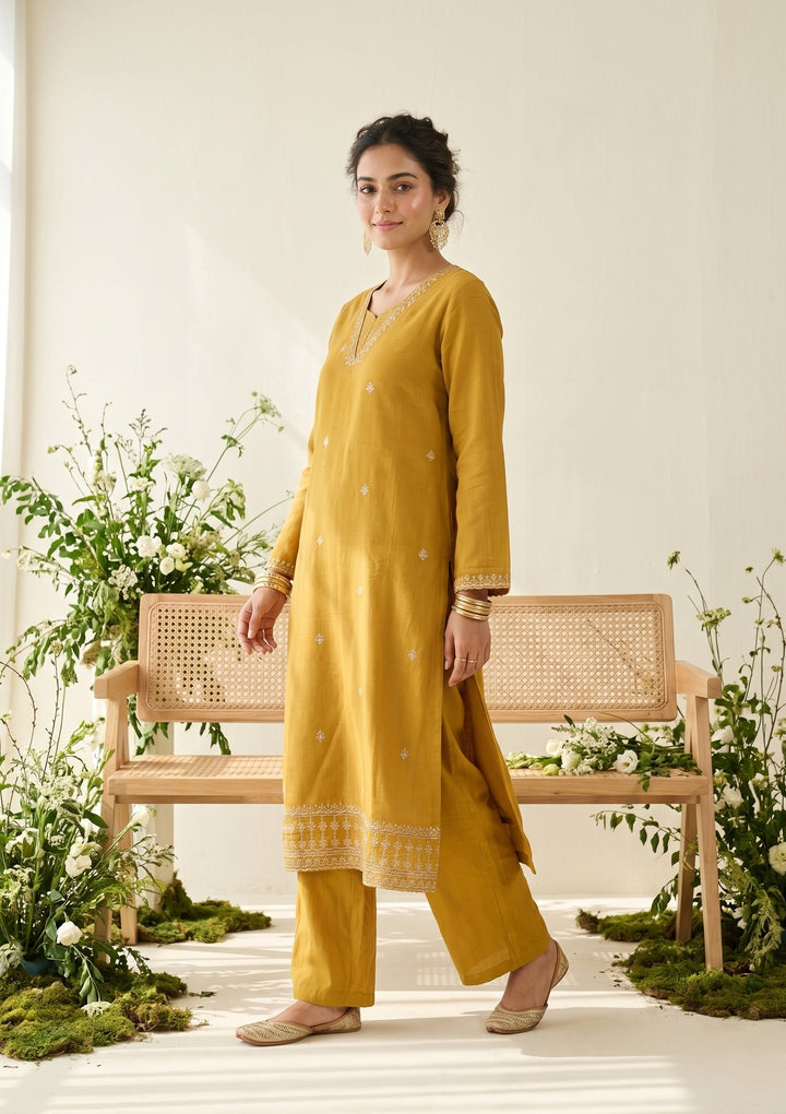 Mustard Chanderi Gold Zariwork Straight Kurta With Pant Regular And Dupatta