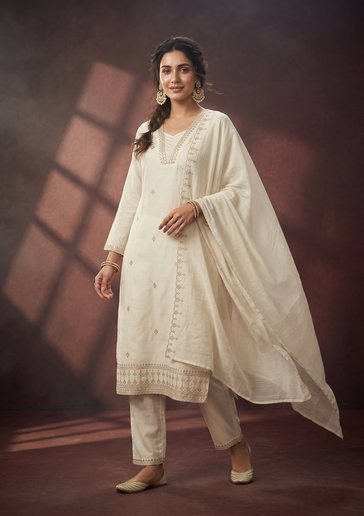 Off White Zariwork (Gold) Chanderi Readymade Salwar Suit