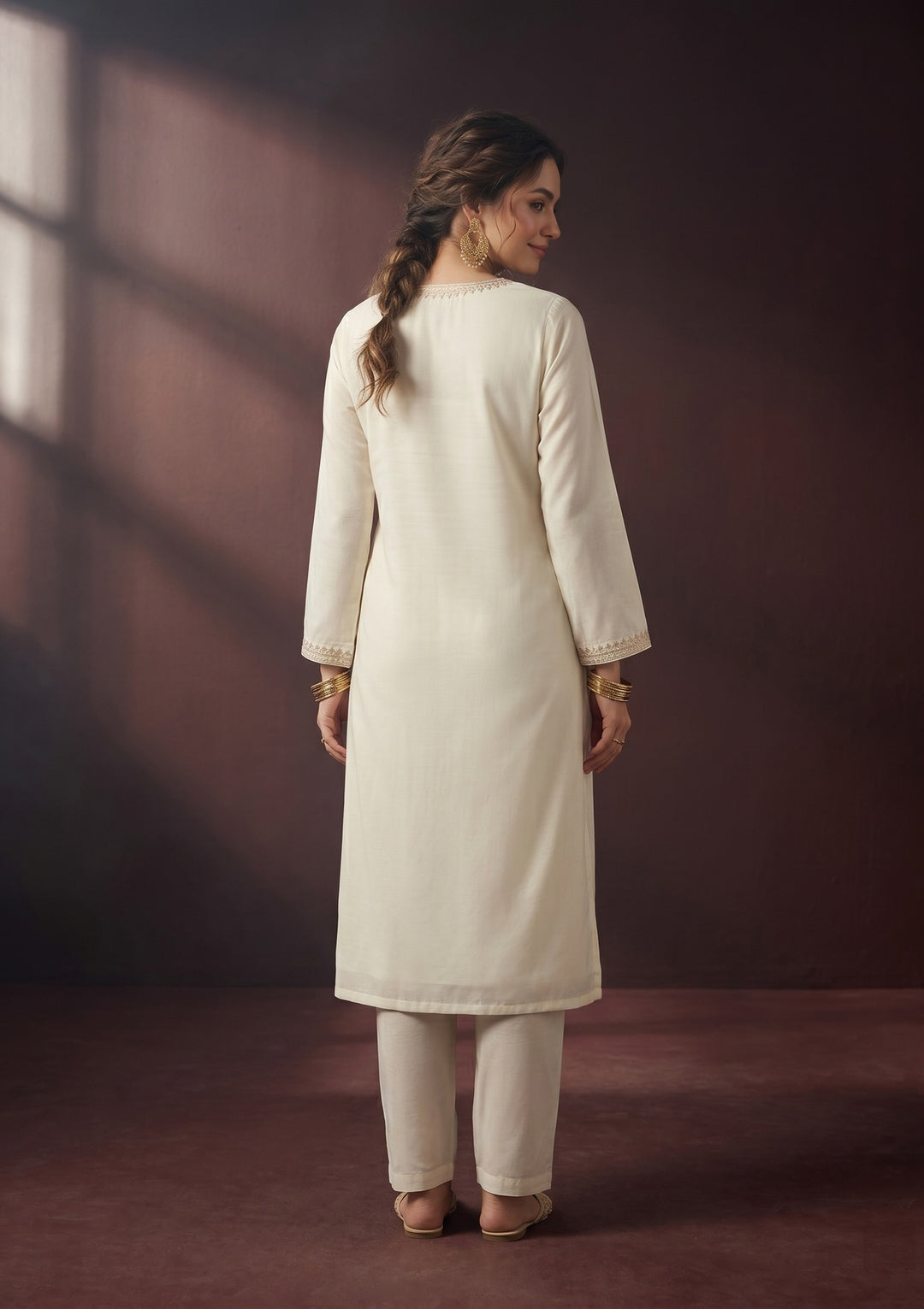 Off White Zariwork (Gold) Chanderi Readymade Salwar Suit
