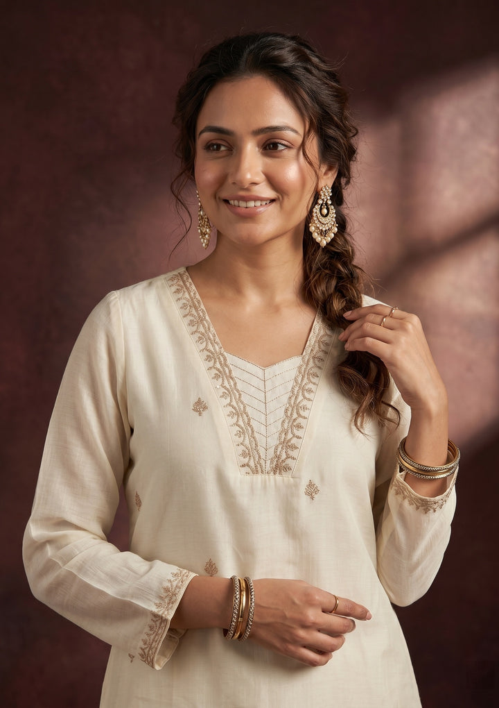 Off White Zariwork (Gold) Chanderi Readymade Salwar Suit