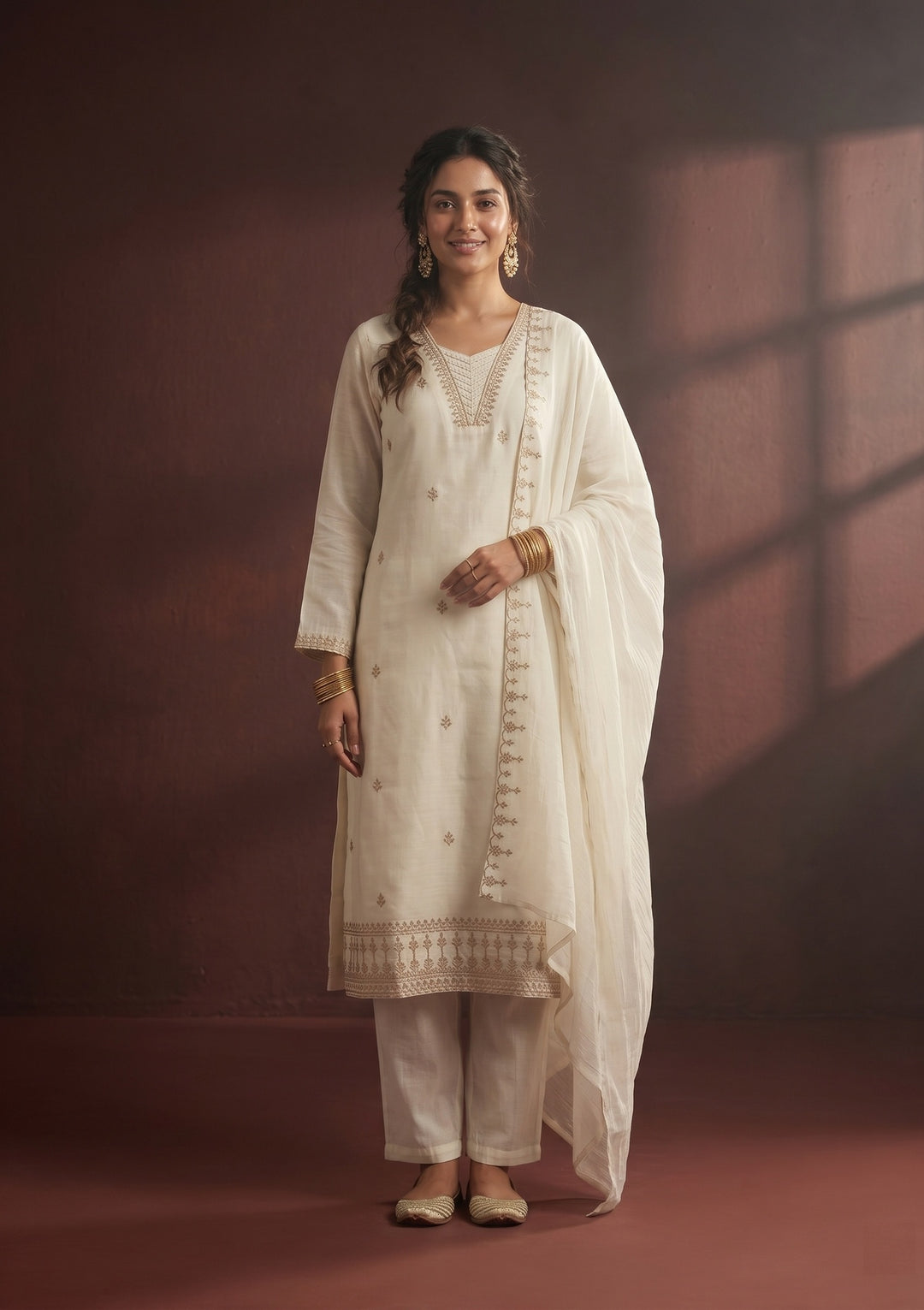 Off White Zariwork (Gold) Chanderi Readymade Salwar Suit