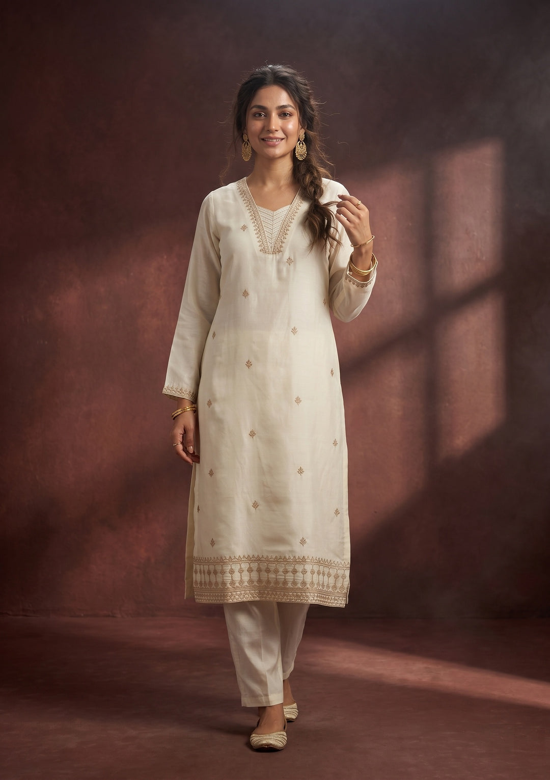 Off White Zariwork (Gold) Chanderi Readymade Salwar Suit
