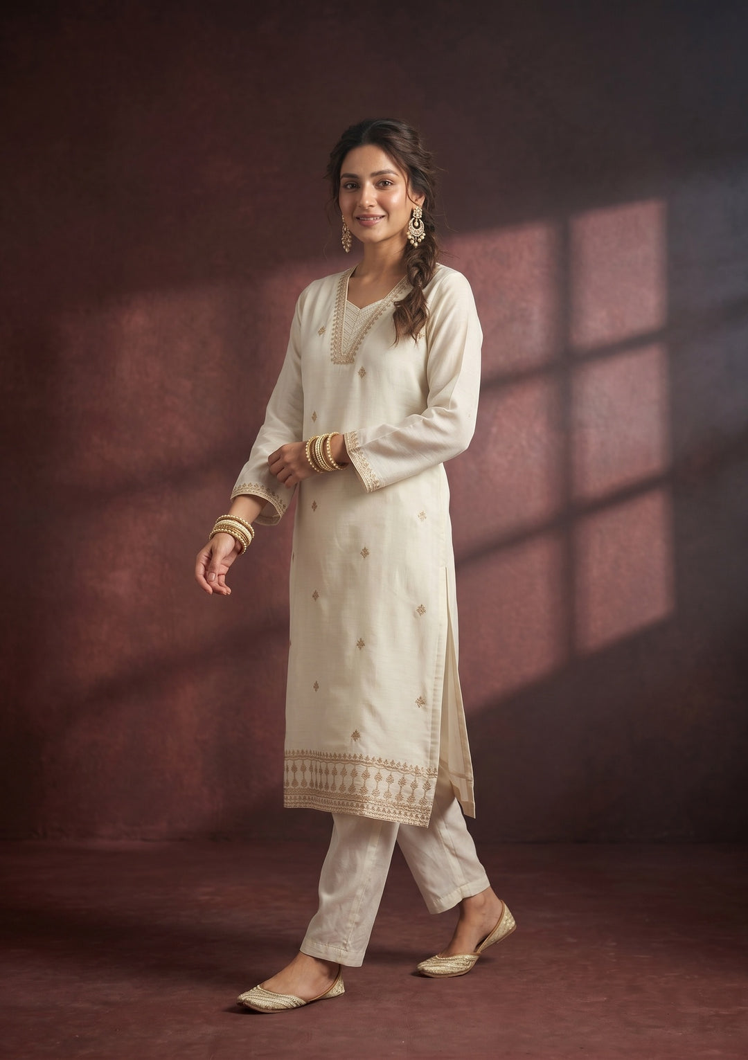 Off White Zariwork (Gold) Chanderi Readymade Salwar Suit