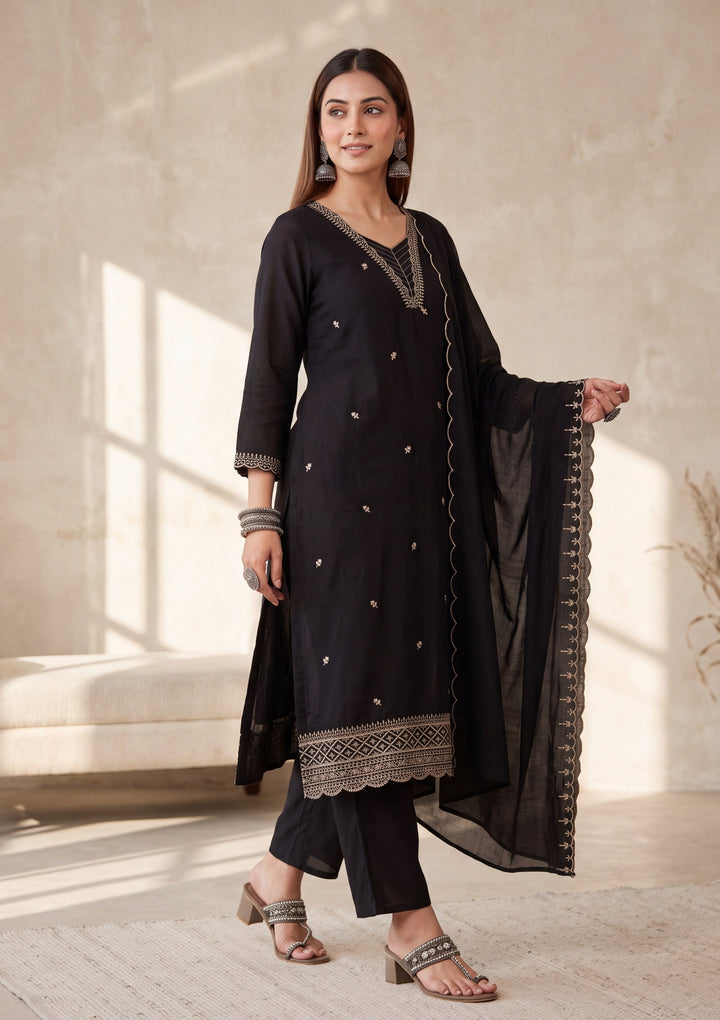 Black Zariwork (Gold) Chanderi Readymade Salwar Suit