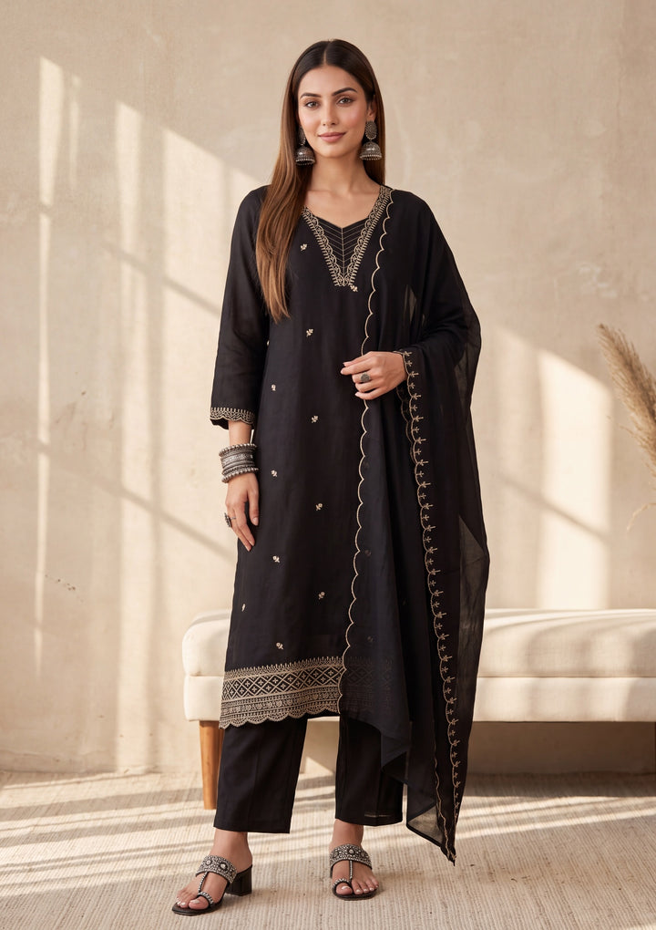 Black Zariwork (Gold) Chanderi Readymade Salwar Suit