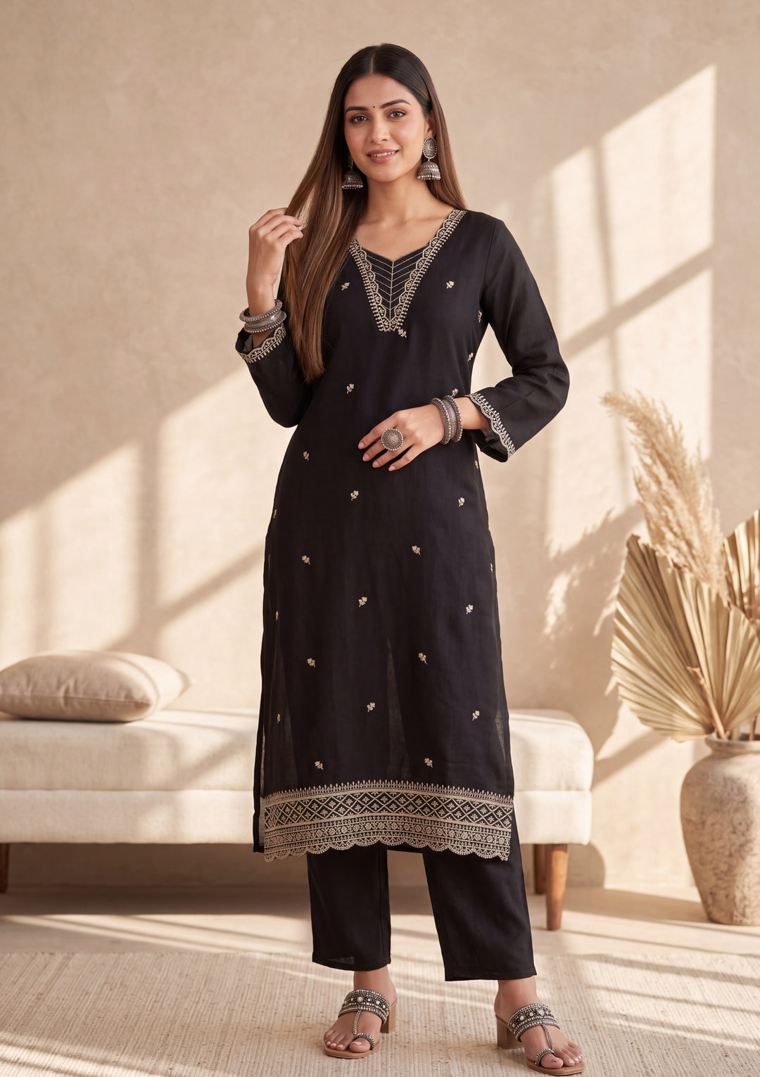 Black Zariwork (Gold) Chanderi Readymade Salwar Suit