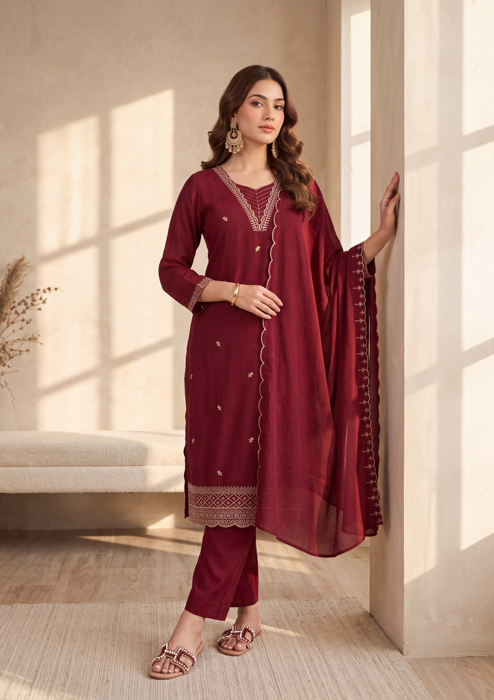 Maroon Zariwork (Gold) Chanderi Readymade Salwar Suit