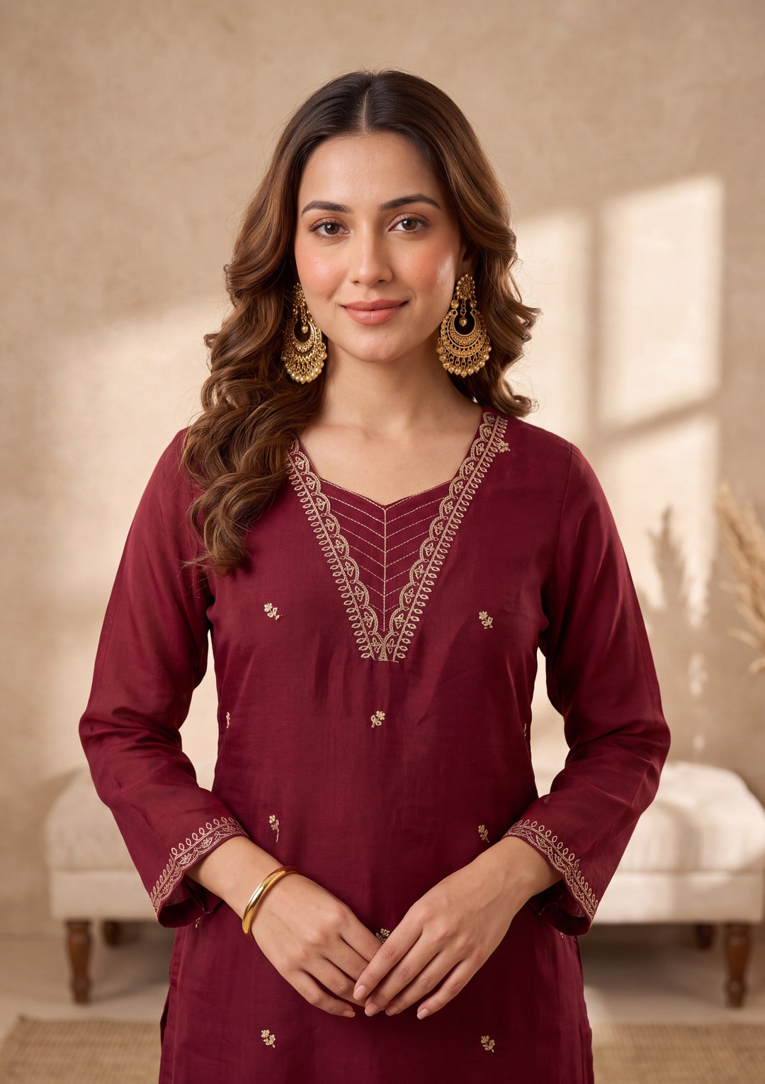 Maroon Zariwork (Gold) Chanderi Readymade Salwar Suit