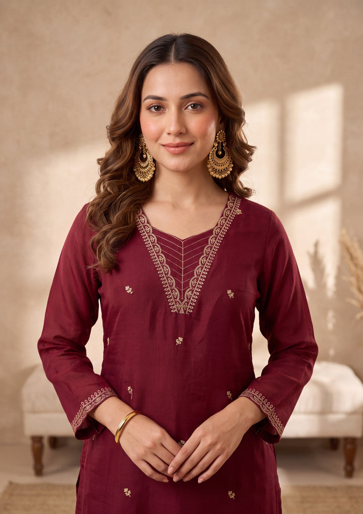 Maroon Zariwork (Gold) Chanderi Readymade Salwar Suit