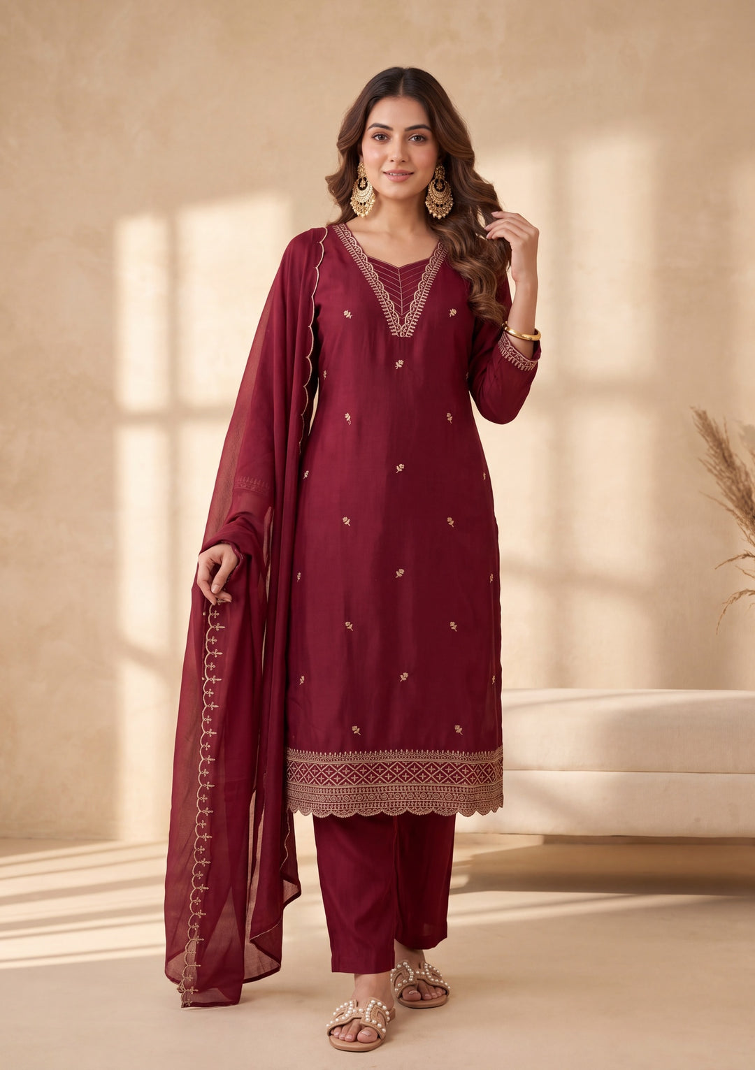 Maroon Zariwork (Gold) Chanderi Readymade Salwar Suit