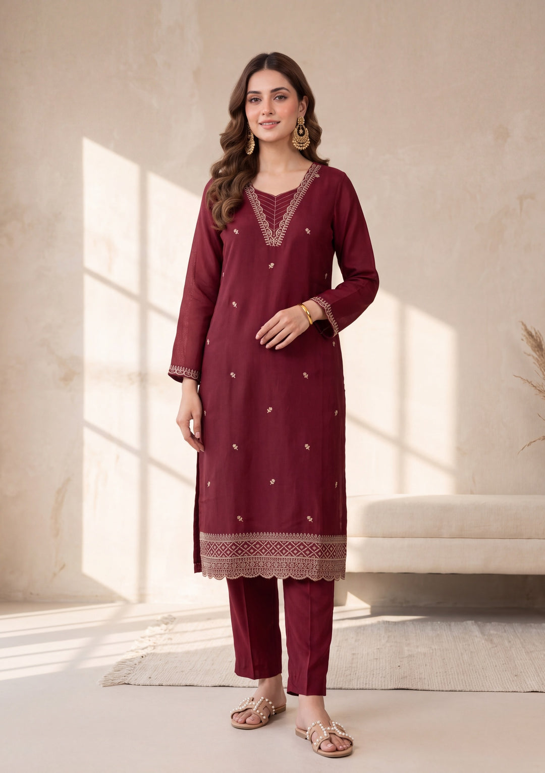 Maroon Zariwork (Gold) Chanderi Readymade Salwar Suit
