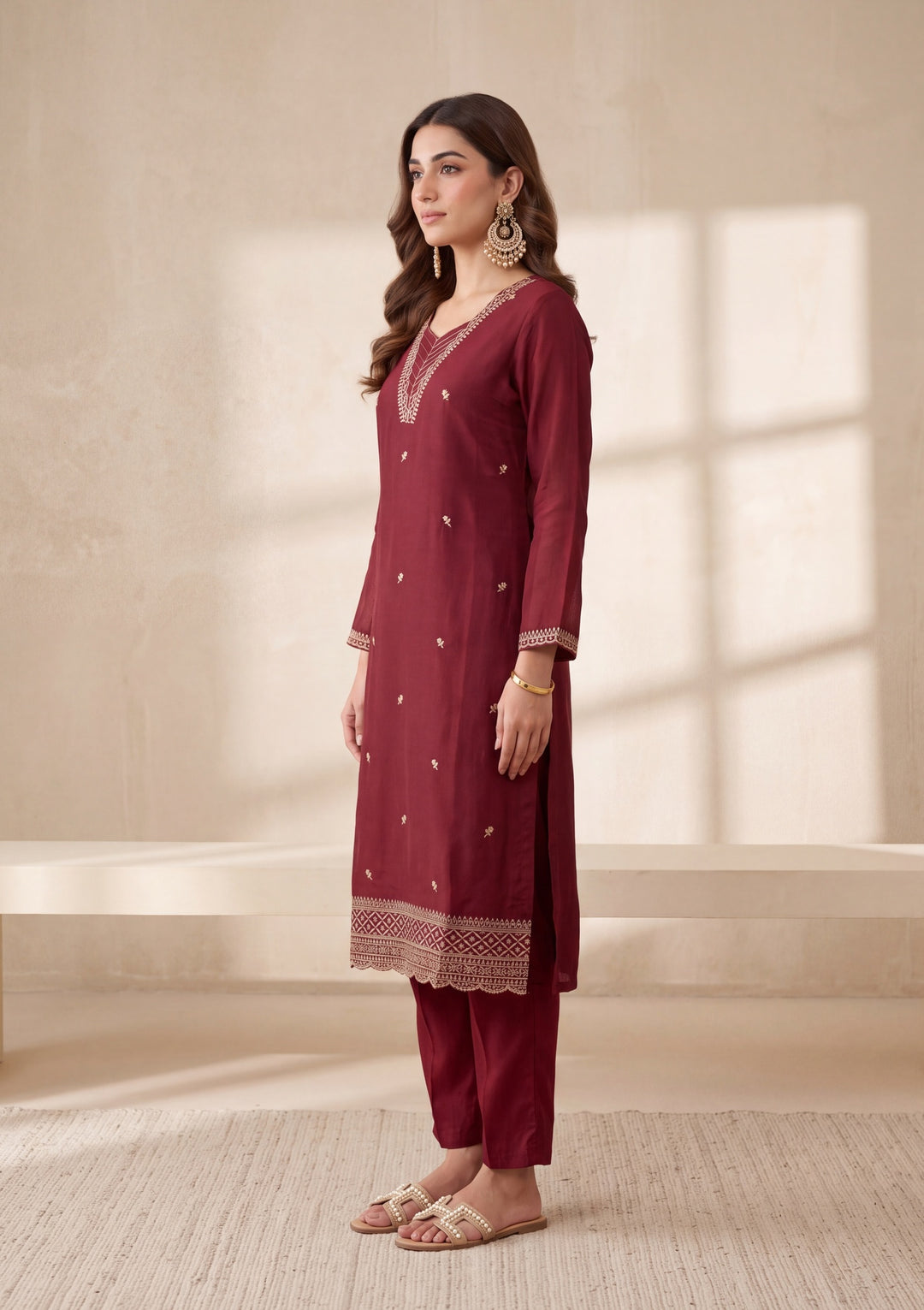 Maroon Zariwork (Gold) Chanderi Readymade Salwar Suit