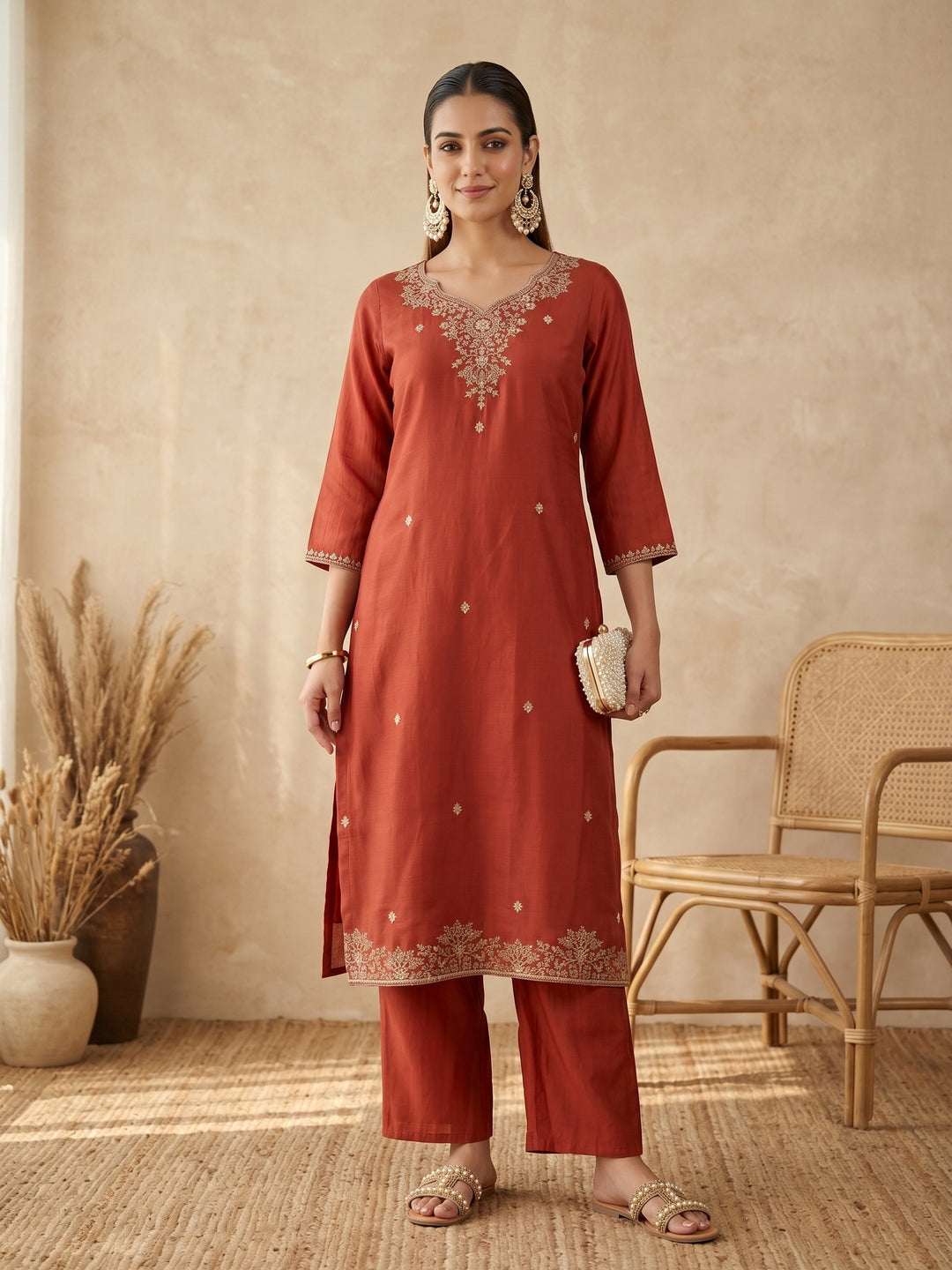 Rust Cording Chanderi Readymade Salwar Suit