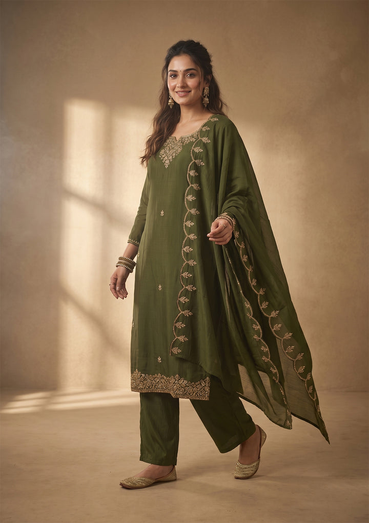 Mehandi Green Cording Chanderi Readymade Salwar Suit