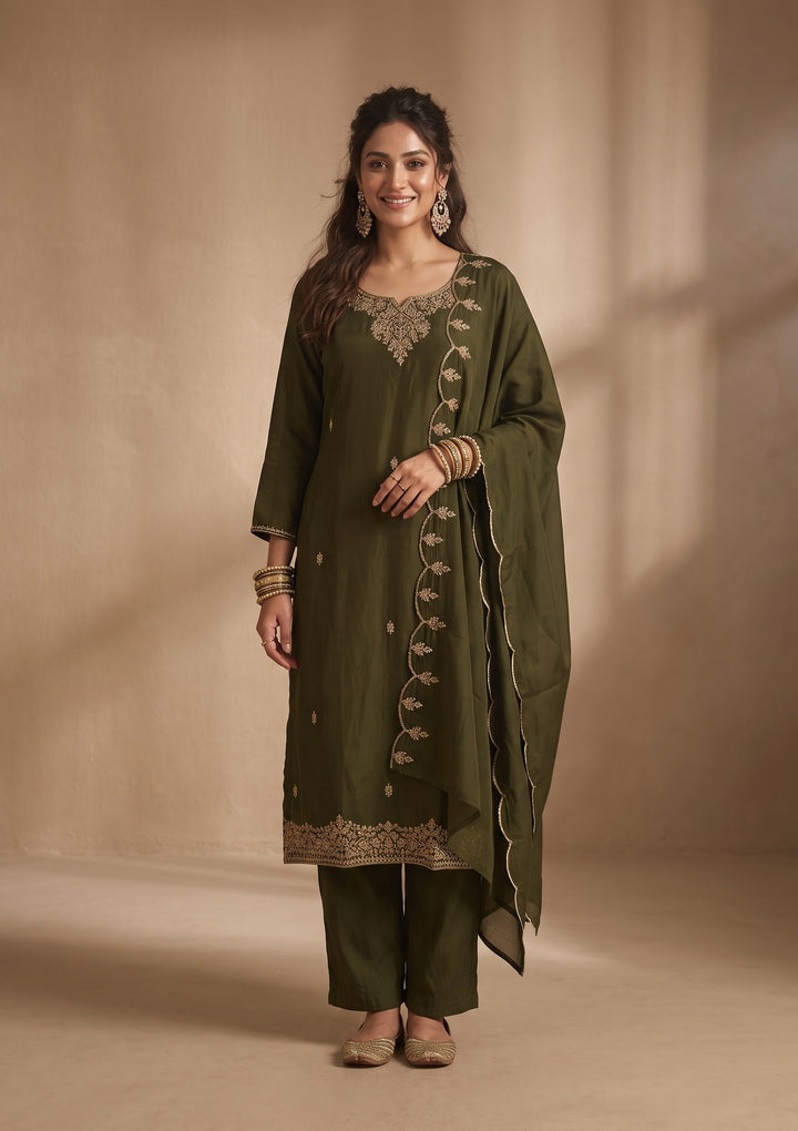 Mehandi Green Cording Chanderi Readymade Salwar Suit