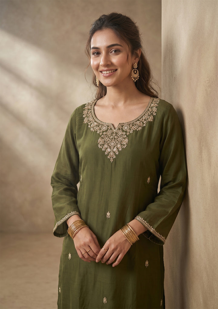 Mehandi Green Cording Chanderi Readymade Salwar Suit