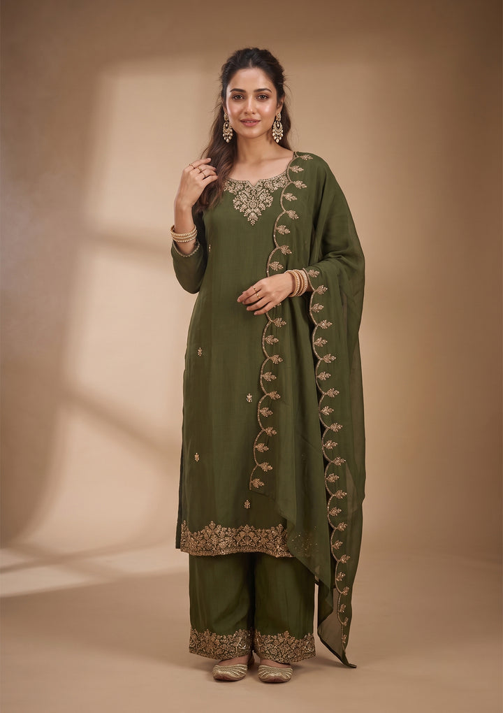 Mehandi Green Cording Chanderi Readymade Salwar Suit