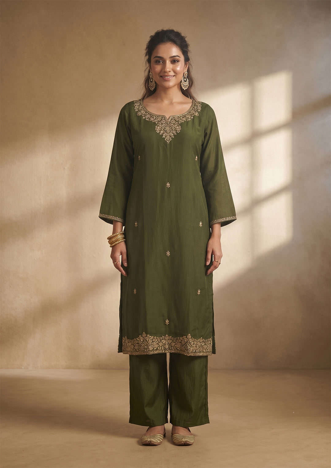 Mehandi Green Cording Chanderi Readymade Salwar Suit
