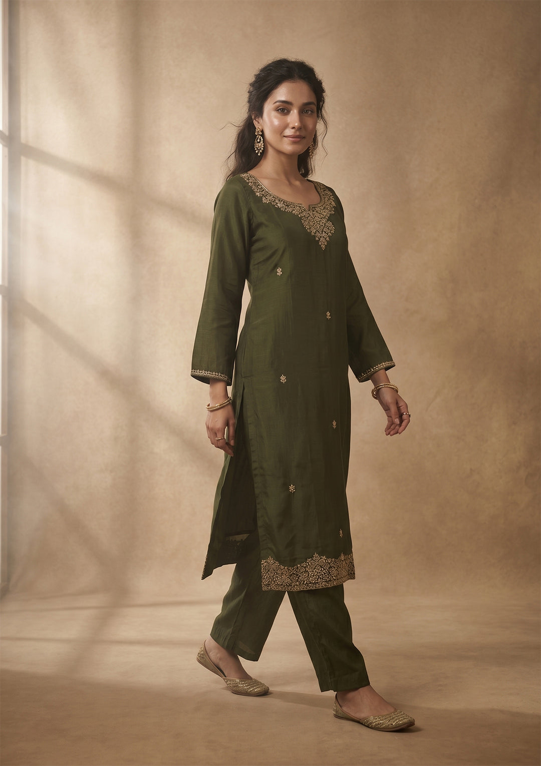 Mehandi Green Cording Chanderi Readymade Salwar Suit