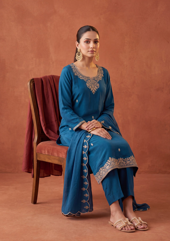 Peacock Blue Cording Chanderi Readymade Salwar Suit