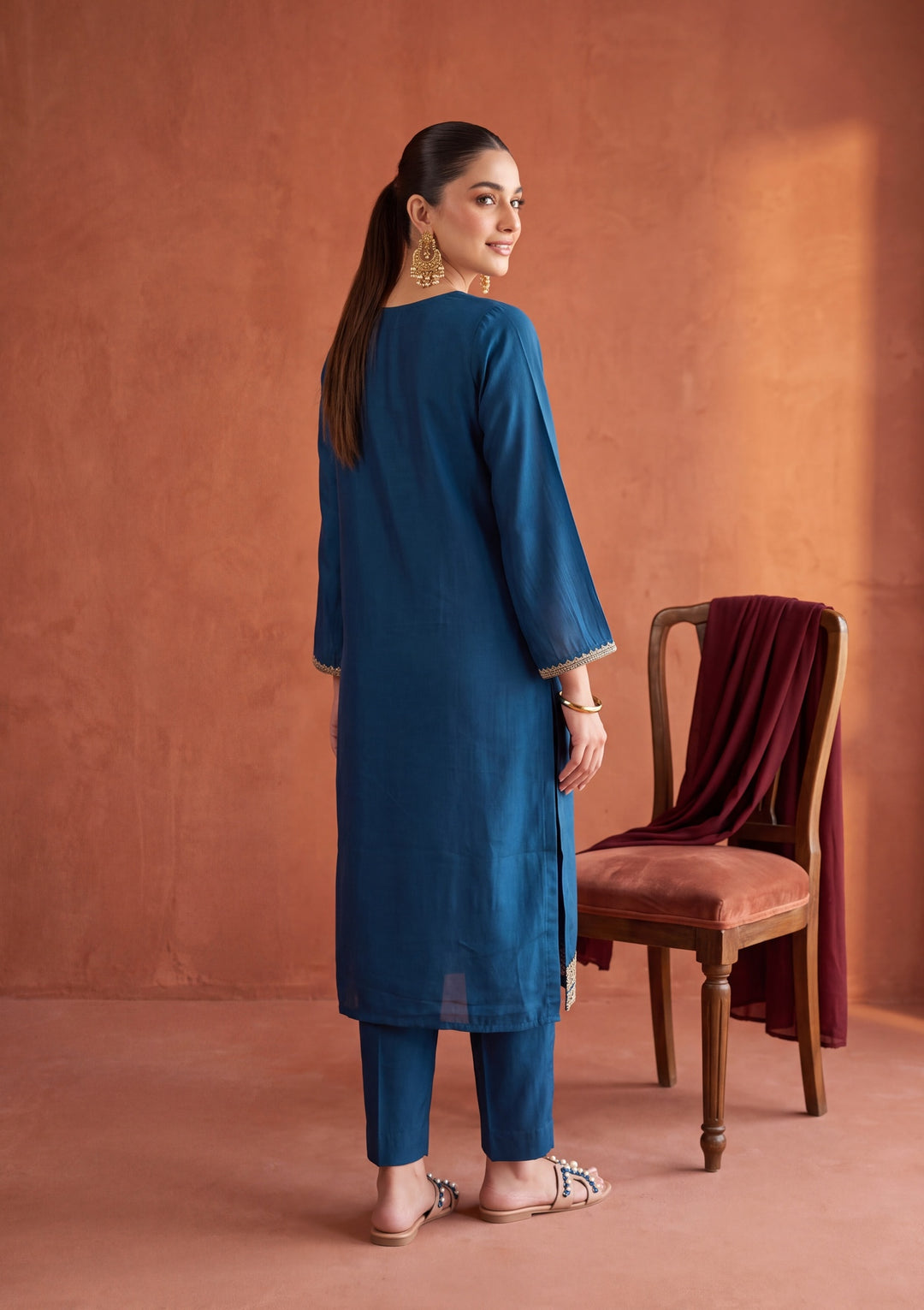 Peacock Blue Cording Chanderi Readymade Salwar Suit