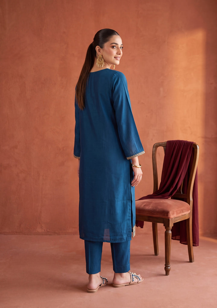 Peacock Blue Cording Chanderi Readymade Salwar Suit
