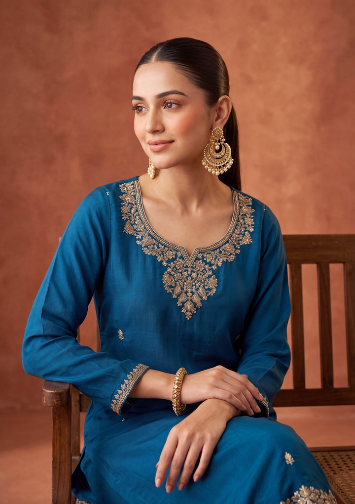 Peacock Blue Cording Chanderi Readymade Salwar Suit