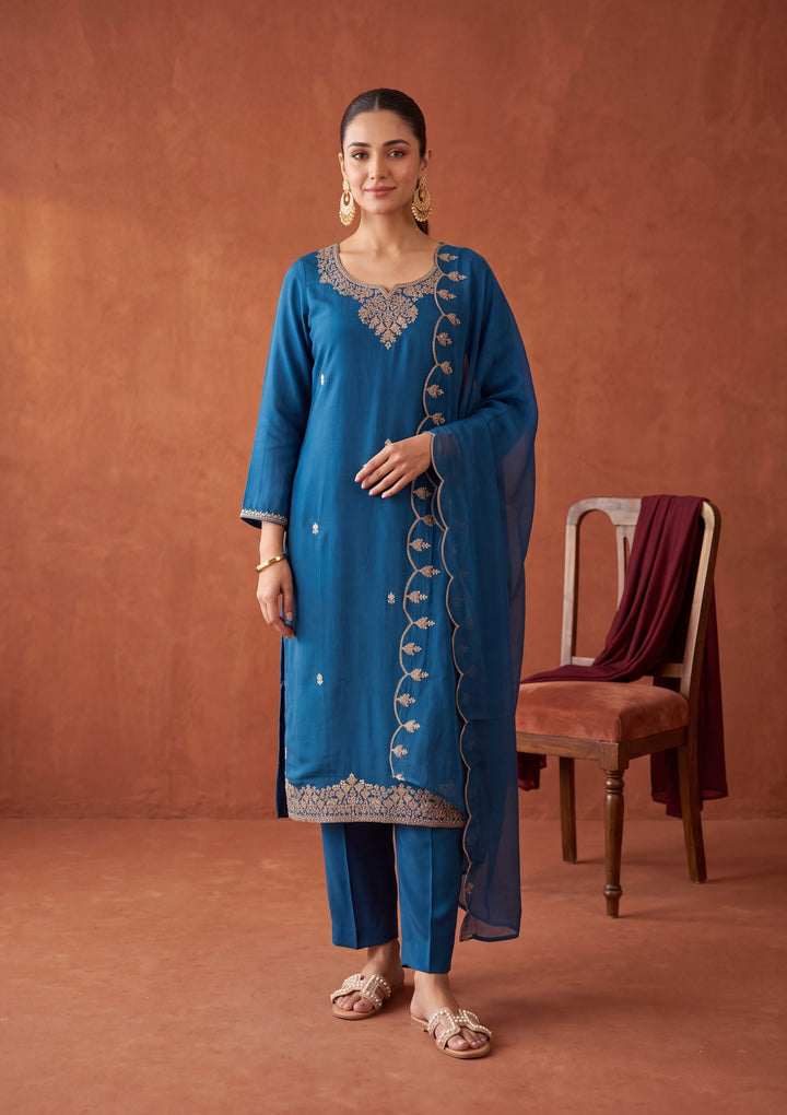 Peacock Blue Cording Chanderi Readymade Salwar Suit